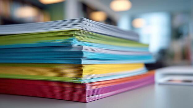 Stack of Colorful Papers, Highlighting Creativity and Organization, Ideal for Graphic Design and Business Communication photo