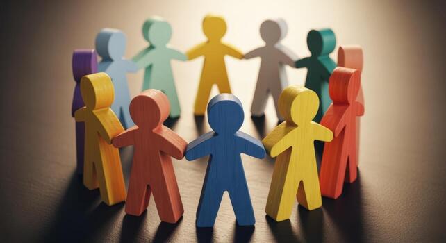 Colorful Wooden Figures Holding Hands in a Circle Concept of Unity, Diversity, and Collaboration photo