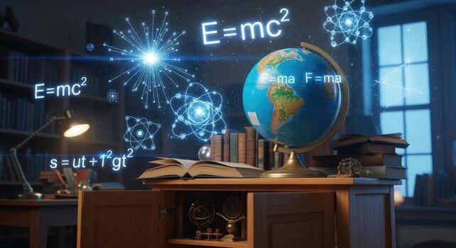 Illuminating Knowledge Globe, Equations, and Open Book in Study, Symbolizing Education and Discovery photo