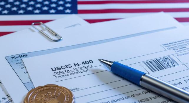 USCIS Form N-400 Application for Citizenship with American Flag Background, Symbolizing Immigration and Naturalization Process photo