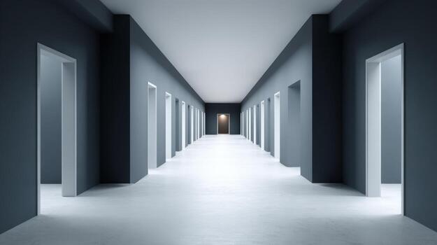 Long Hallway with Multiple Doors Representing Choices, Opportunities, and Decisions in Business and Life photo