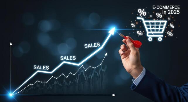 comercio electrónico crecimiento gráfico ilustración representando ventas aumentar, proyectado a 2025, mano participación dardo en conceptual composición foto