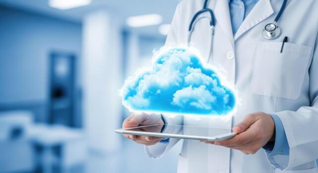Doctor Holding Tablet Displaying Cloud Computing Technology for Healthcare Solutions and Data Management photo