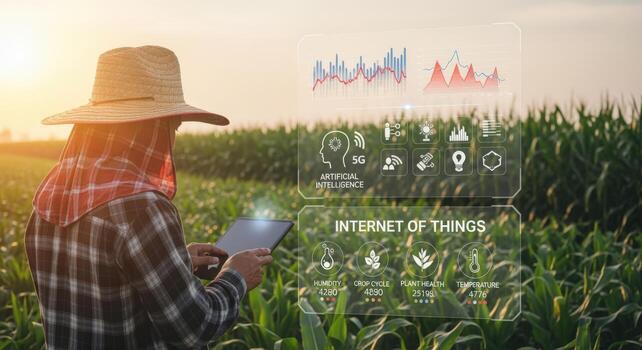 Farmer Uses Technology for Smart Farming and Precision Agriculture with Modern Innovations for Crop Management photo