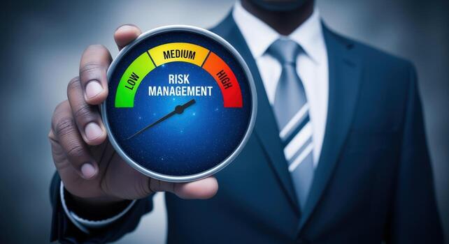 Risk Management Gauge Held by Businessman Illustrating Levels from Low to High in Financial Strategy photo