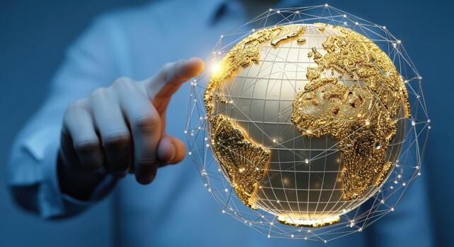 Global Networking Concept Businessman Touching Digital Earth with Connected Network, Illustrating Worldwide Communication and Technological Advancement photo