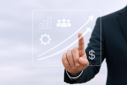 Business professional pointing at rising graph on transparent screen, showcasing financial growth and teamwork photo