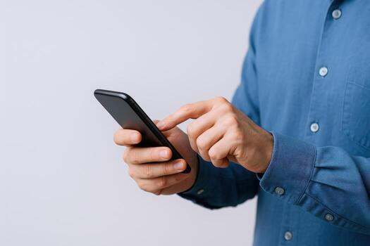 Man using smartphone with finger touch display for communication, browsing, and mobile technology concepts photo
