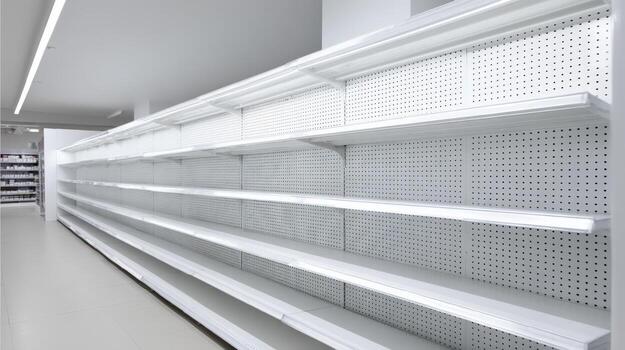 Empty Store Shelves Clean White Retail Display for Product Placement and Business Needs photo