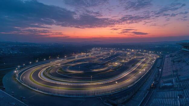 Aerial View of a Speedway Racetrack at Sunset with Dynamic Sky and Illuminated Lights photo