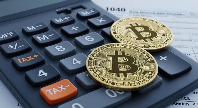 Cryptocurrency Tax Calculation Concept with Bitcoin Coins on Tax Form and Calculator photo