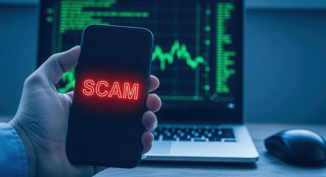 Financial Scam Concept Smartphone Displaying Warning Message Against a Stock Market Background on Laptop photo