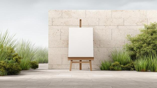 Easel with Blank Canvas Stands in Serene Outdoor Setting with Stone Wall Backdrop photo