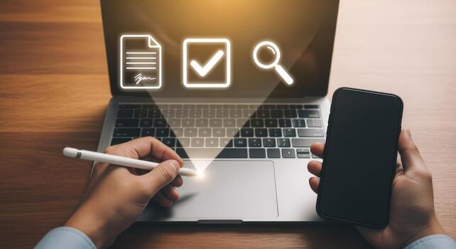 Digital Document Management on Laptop with Phone, Workflow Automation, Paperless Office and Online Contract Signing photo