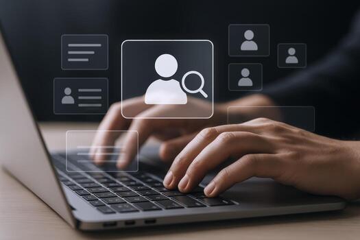 Hands Typing on Laptop with Job Search Interface Recruitment, Hiring, and Candidate Selection photo
