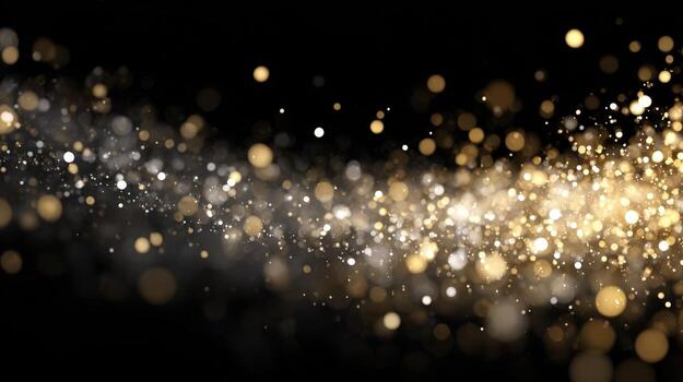 Golden Glittering Bokeh Lights on Dark Background, Abstract Festive Overlay Texture for Celebratory Designs photo