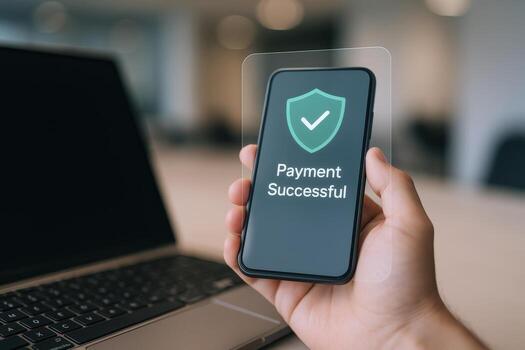 Successful mobile payment confirmation on smartphone screen displayed by hand, with laptop in background photo