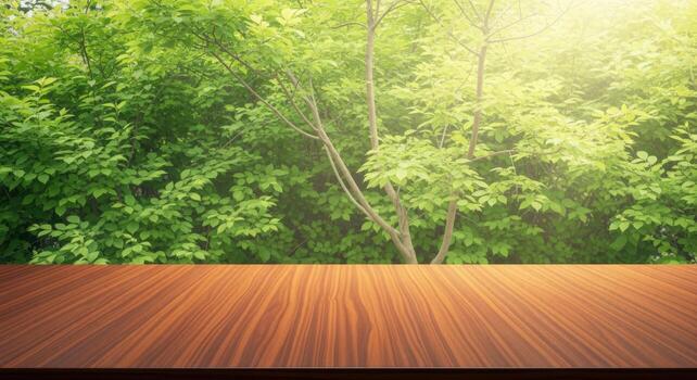 Wooden Table Surface with Lush Green Forest Background, Ideal for Product Display and Nature-Themed Mockups photo