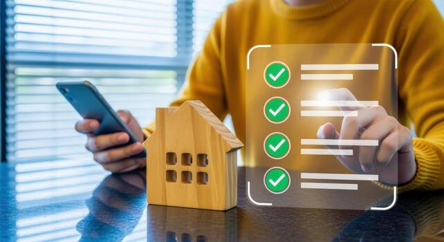 hogar inspección Lista de Verificación concepto hombre utilizando móvil aplicación a garantizar propiedad conformidad y calidad normas foto