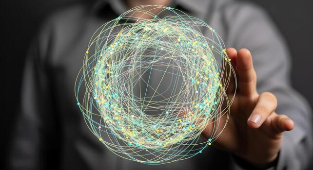 Global Network Connection Man Touching Digital Sphere Displaying Interconnectivity, Technology, Communication and Worldwide Web Conceptualization photo