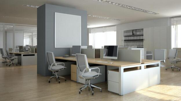 Modern Open-Plan Office Space with Workstations, Chairs, and Natural Light for Business and Collaboration photo