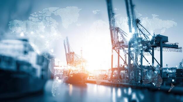 Global Trade Visualization Container Port with Cranes and World Map Overlay for International Logistics photo