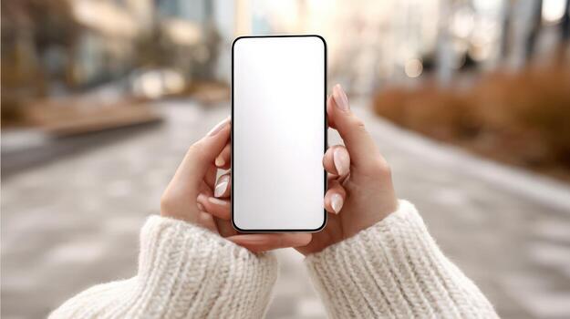 Woman Holding Smartphone with Blank White Screen Display in Urban Setting for App Promotion photo