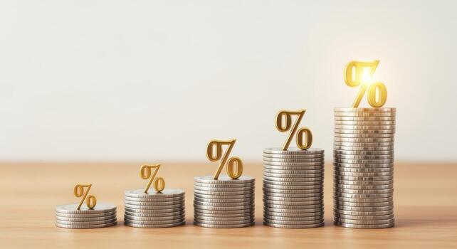 Rising Interest Rates Displayed with Coin Stacks and Golden Percentage Symbols on Wooden Surface photo