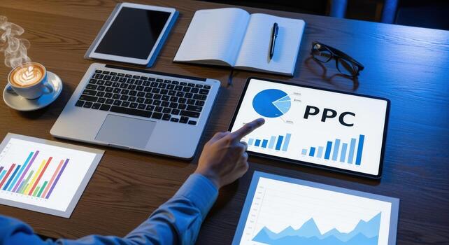 Data Analysis and Digital Marketing Business Person Pointing at PPC Charts on Tablet Screen photo