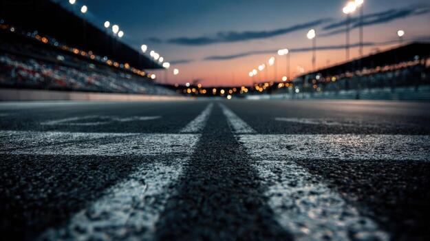 Asphalt Racetrack at Dusk Empty Racing Venue with Starting Line, Motion, and Spectator Seating photo