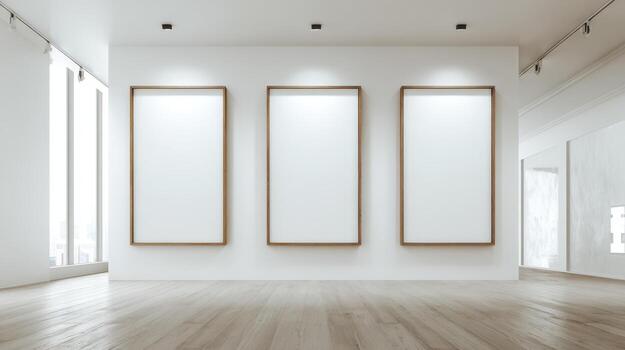 Gallery Interior with Three Blank Frames Mockup for Art, Photography, or Design Presentation photo