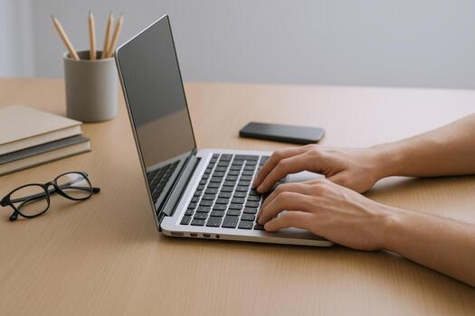 Hands Typing on Laptop Keyboard at Desk with Glasses, Books, and Smartphone photo
