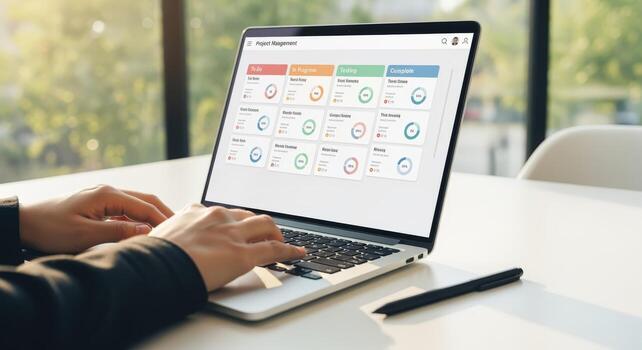 Business professional using laptop showcasing project management dashboard, data visualization for efficient workflow in office setting photo