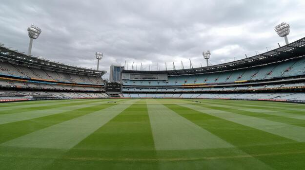 Expansive Cricket Stadium View with Empty Seating and Manicured Green Field on Overcast Day photo