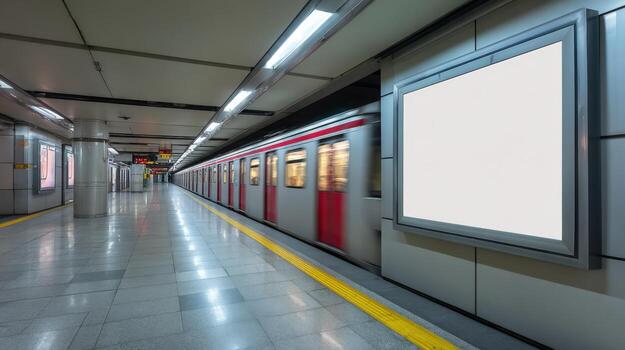 Subway Station with Train Approaching and Blank Billboard Mockup for Advertising Insertion photo