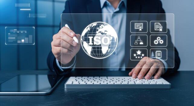 ISO Certification Concept Businessman Interacting with a Digital Interface Displaying Quality Assurance and Global Standards photo