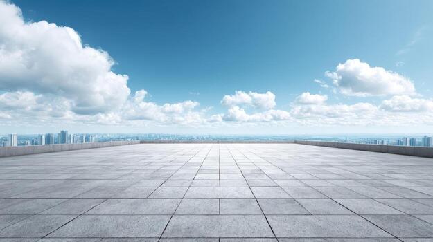 Urban Cityscape Panorama with Empty Tiled Terrace, Azure Sky and Cloudscape Background for Commercial Use photo