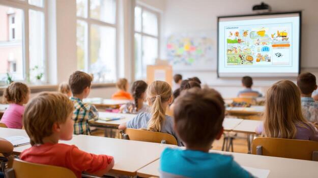Elementary Students Watching Educational Presentation on Projector Screen in a Classroom Setting During Class photo