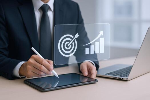 Business Professional Targeting Growth with Digital Strategy Using Tablet and Pen in Office Setting photo