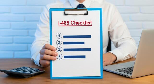Adjustment of Status Application Man Holds I-485 Checklist for US Permanent Residency, Demonstrating Immigration Process photo
