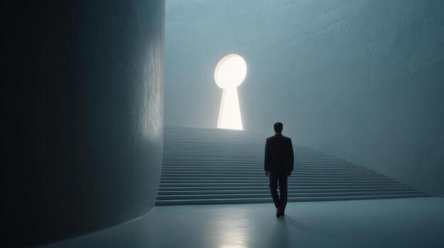 Man Walking Towards Keyhole Shaped Doorway at the Top of Stairs, representing opportunity and future photo
