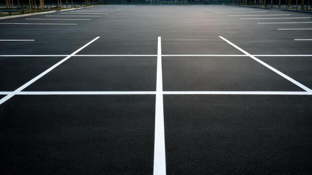 Empty Parking Lot with White Lines and Asphalt Pavement, Ideal for Transportation and Urban Planning Concepts photo