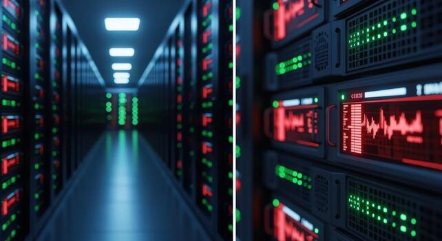 Server Room Data Center with Rack Servers and Network Equipment for Cloud Computing photo