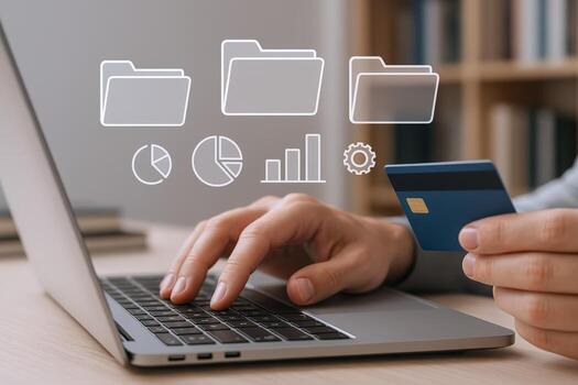 Online Banking Transaction with Laptop A Person Holds Credit Card for Secure Digital Payment photo