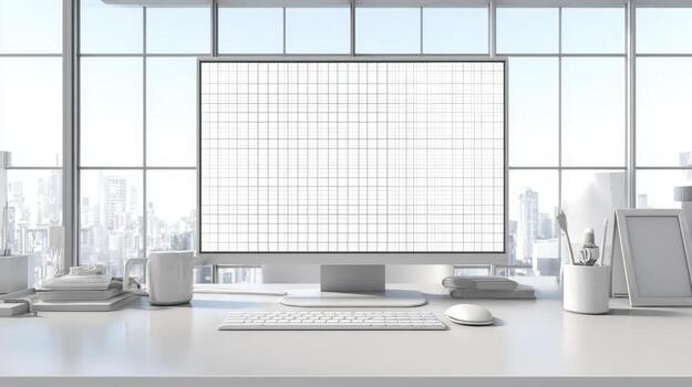 Modern Office Mockup with Blank Computer Screen Display and City View, Clean Workspace Presentation photo