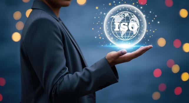 Quality Assurance and Global Standards Concept Businessman Holding a Glowing Globe with ISO Symbol photo