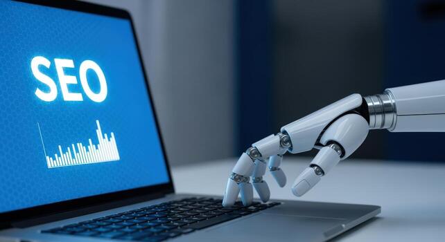 seo mejoramiento con ai robot mano mecanografía en ordenador portátil para buscar motor estrategia y márketing foto