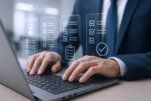 Businessman Completing Digital Checklist on Laptop for Efficient Workflow and Productivity in Modern Office photo