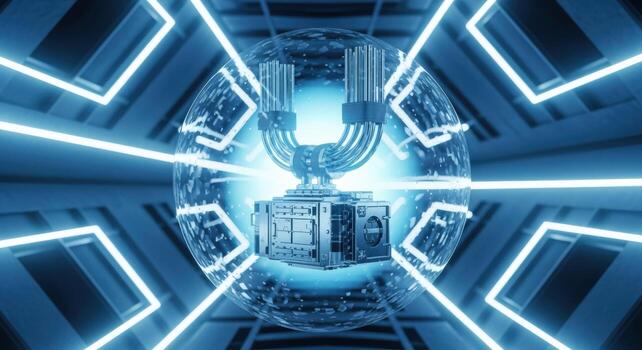 Advanced Technology Core Powering Futuristic System, Sci-Fi Reactor Concept with Energy and Cables photo