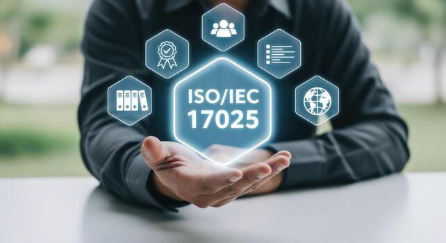 ISOIEC 17025 Accreditation Concept Man Holding Hologram Displaying Standard Icons for Quality Assurance and Global Compliance photo